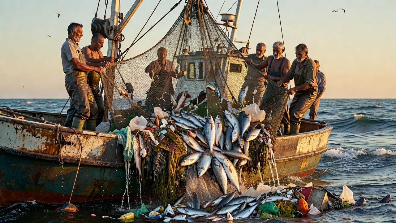 rede de arrasto cheia de peixe e lixo