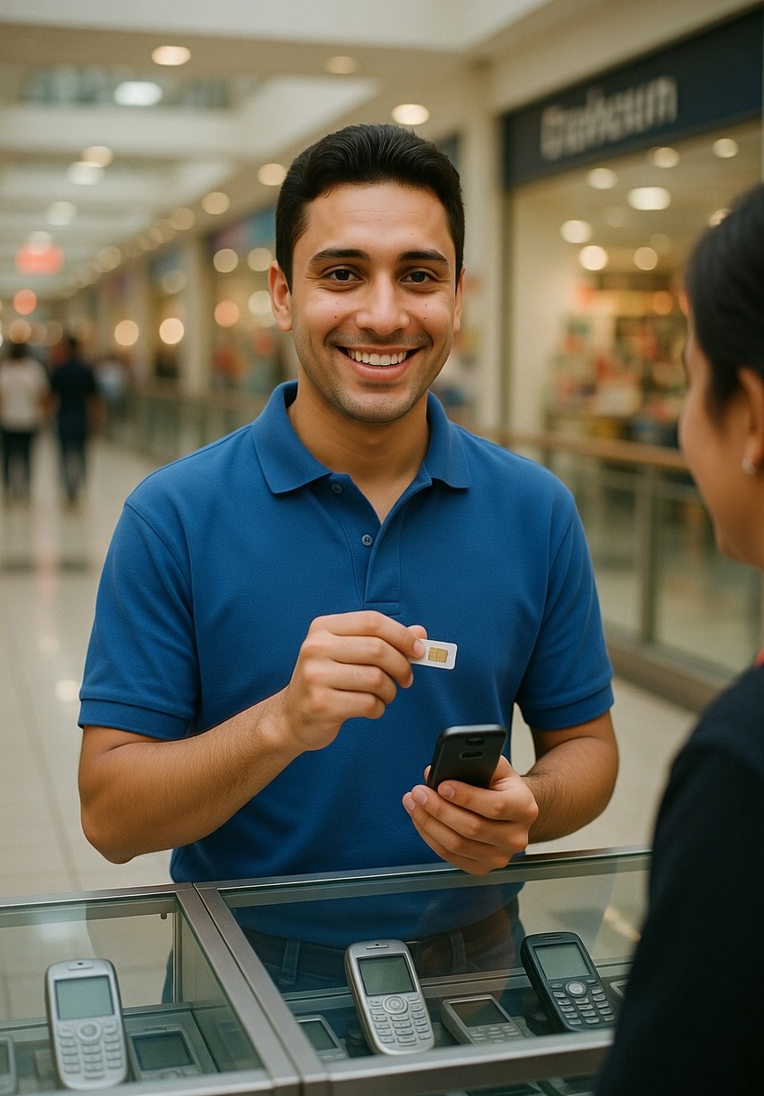 Eduardo Arrais vendendo chip em quiosque de shopping